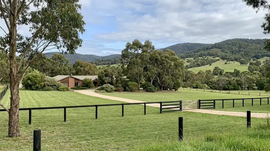 A well-kept lifestyle block: mown paddock, neat fence and gate, house roof among gum trees.