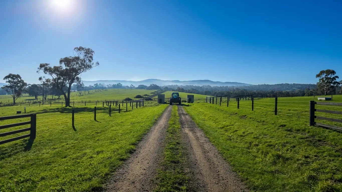 A gravel farm laneway between green fenced paddocks at Humevale, tractor in the distance, morning mist on the ranges.